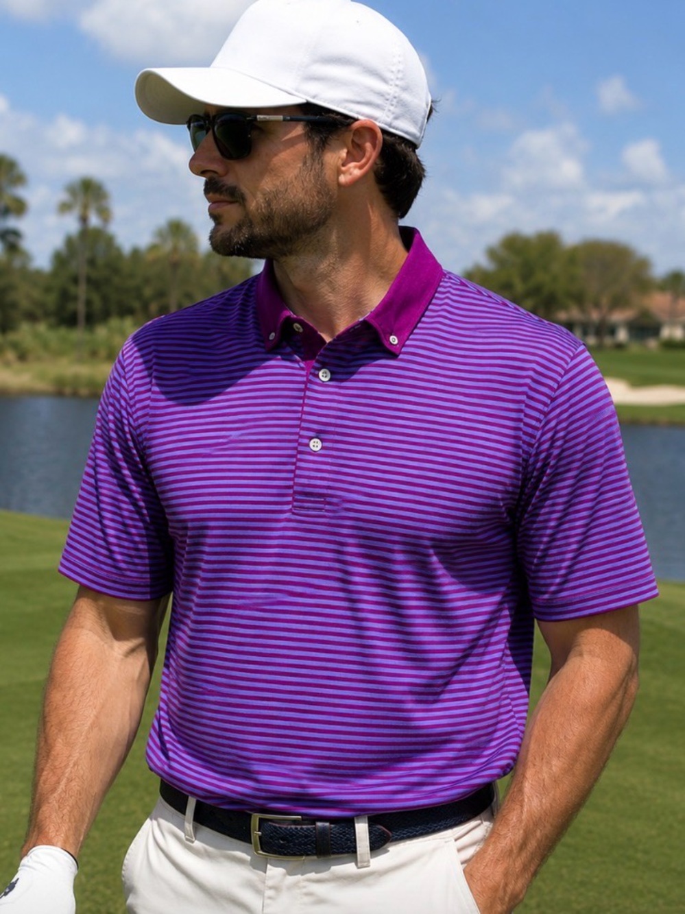 Greyson Men’s Quogue Short Sleeve Performance Purple Striped Polo Golf Shirt L